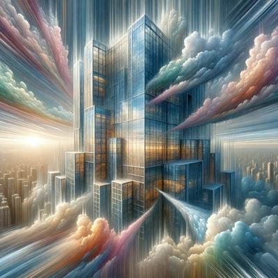The primary subject of the image is a large, colorful building with many windows. The building is situated in a cityscape, surrounded by other buildings. The visual style of the image is digital art, as it appears to be a computer-generated or digitally manipulated image. The colors and mood of the image are vibrant and lively, with a focus on the bright and colorful building.